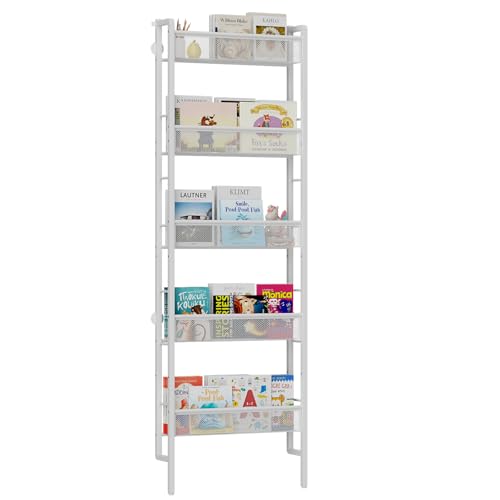 CYXPHION B8 Kids Bookshelf Wall Mounted, 5-Tier Wall Bookshelf for Kids, Children's Bookcases Organizer for Toys and Books, Metal Toddler Book Shelves for Nursery, Bedroom, Living Room, White