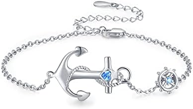 Anchor Ankle Bracelets Adjustable for Women, 925 Sterling Silver Heart Charm Anklets Ocean Blue Nautical Sailor Foot Chains Friendship Jewelry Birthday Gifts for Women Wife Best Friend