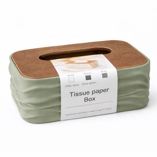 Tissue Box Holder with Wood Grain Lid Rectangular Storage Organiser for Home Office Kitchen and Bathroom (olive green)