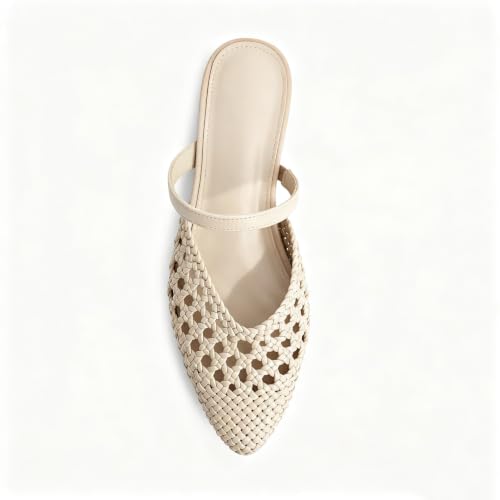 Image of Mesh Mules for Women Comfy Raffia Woven Strap Closed Pointed Toe Mule Flats Casual Slip on Dress Slides Flats
