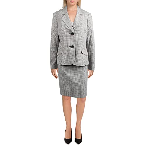 Le Suit Women's 2 Button Notch Collar Flap Pocket Glen Plaid Slim Skirt Suit, Grey/White, 14 #TOP22