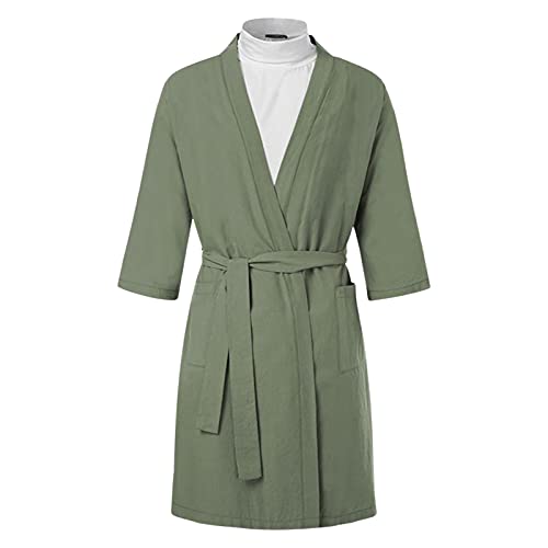 Burkashear Peignoir de Bain Homme Robe de Chambre à Manches Longues col en V Couleur Unie Poches Latérales avec Ceinture Respirant/légère Simple Court élégantautomne Chambre Maison (AA-Vert, L) Cover