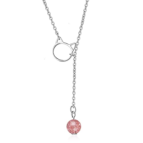 Collier Cristal de Fraise Chat en Argent 925, Cadeau Idéal Femme