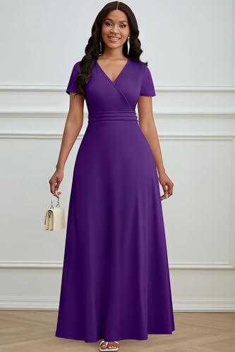 Image of CLOCOR Maxi Dress for Women Long Summer Short Sleeve Evening Formal V Neck A Line Dresses Wedding Guest Empire Waist Elegant