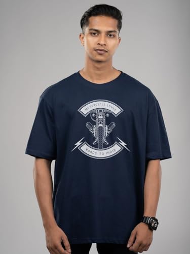 Image of T-Shirt for Men - 100% Cotton Ladakh Motorcycle Rider Half Sleeve Round Neck Graphic Print | Regular & Oversized Fit | 180 /220 GSM | S-5XL | Black, Navy Blue, Olive, Red, White
