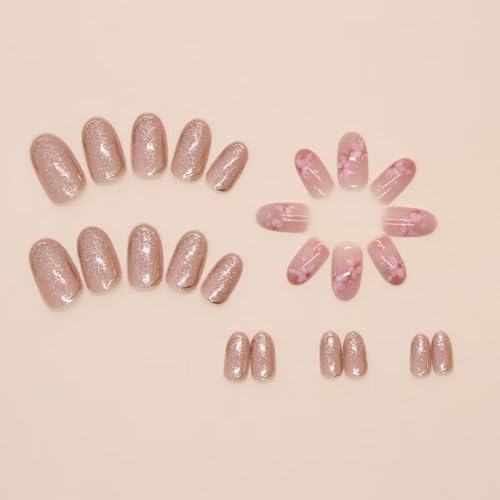 Image of Pink Flower Press on Nails Nude Fake Nails with Gold Line Design Glitter Full Cover Glue on Nails Reusable Artificial Acrylic Glossy Spring Stick on Nials Short Almond False Nails for Women manicure