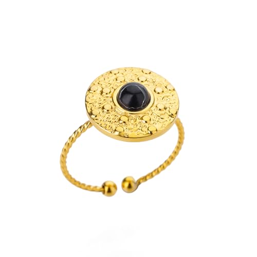 Bague vintage gothique femme en acier inoxydable avec pierre noire taille réglable