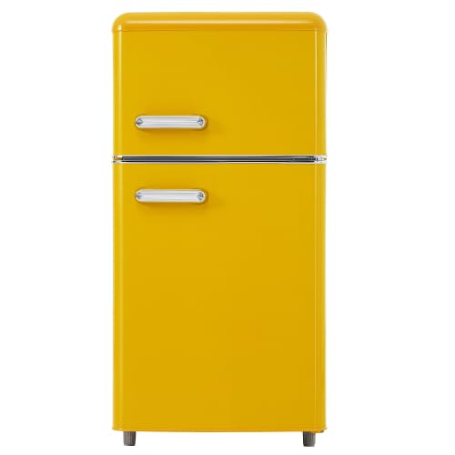 Mini Frigo Rétro 72L avec Congélateur 21L, Frigo Top Double Porte pour Chambre, Bureau et Studio, Petit Frigo Congélateur LED 46 x 45 x 91 cm, Jaune