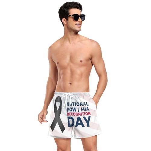 National Pow Mia Decognition DayMen's Swim Trunks Men's Double Layer Workout Running Shorts with Compression Liner Training Shorts Quick Dry Multi