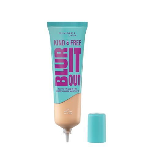 Rimmel Kind & Free, Blur It Out Mattifying Skin Tint, 010 Rose Ivory, Lightweight Matte Finish, Minimises Pores, Infused with Cica Complex and Vitamin E, SPF 20, All-Day Shine Control, 30ml