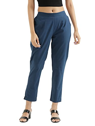 Image of SAADAA Women Cotton Pant Regular Slim Fit Mid Rise Trouser, Pocket Pants for Office School Formal Casual Daily Use