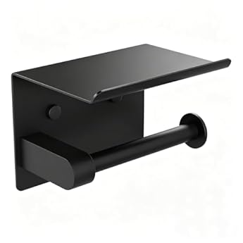 Foto di Ibergrif Portarotolo di carta igienica cromato con ripiano, montaggio a parete o autoadesivo, per bagno o cucina, in acciaio inox, nero, MK34053B
