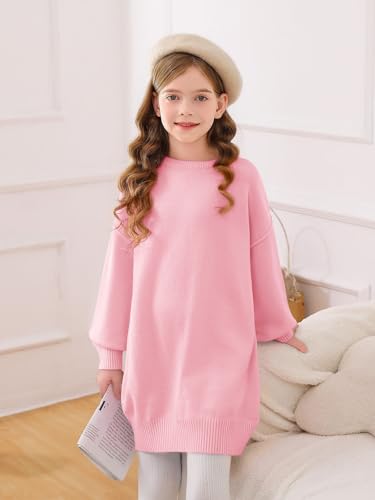 Image of Haloumoning Girls Sweater Dress Casual Crewneck Knit Long Sleeve Fall Winter Dress Pullover 5-14Y Pink