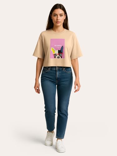Image of HELLCAT Beige Printed Loose Fit Crew-Neck Crop T-Shirt for Women