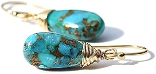 Copper Infused Natural Paraiba Turquoise Wire Wrapped Earrings 14K Yellow Gold Filled, December Birthstone, 11th Anniversary, Healing Gem