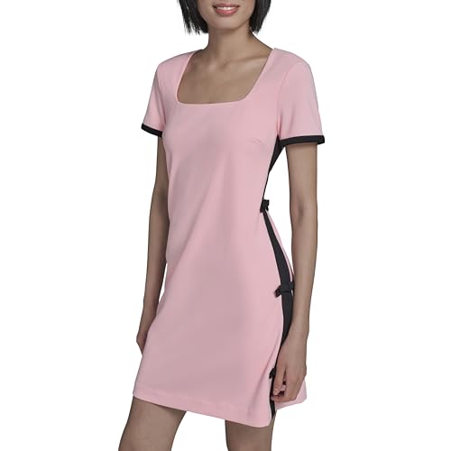 Image of Karl Lagerfeld Women's Short Sleeve Square Neck Bow Embellished Shift Mini Dress