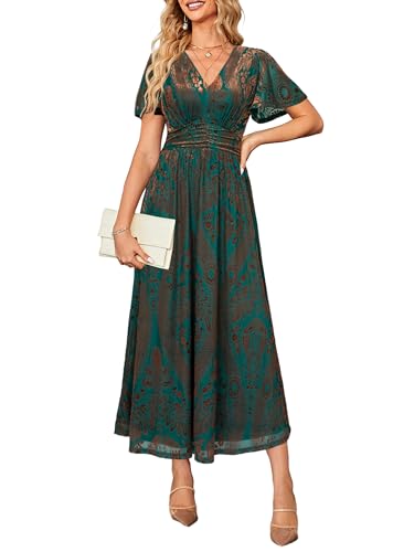 Simplee Women's Velvet Wedding Guest Formal Maxi Dress Elegant Floral Empire Waist V Neck Short Sleeve Long Dress (Small Green Gold)