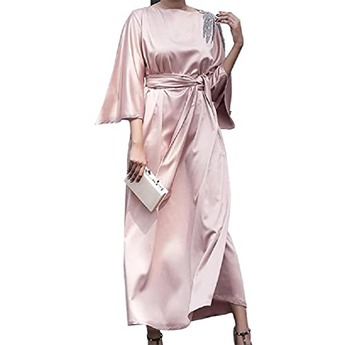 ZOUD Robe longue musulmane à manches évasées 3/4 en satin, broderie vintage, patchwork, taille haute, caftan de Dubaï, dinde, fête, caftan Cover