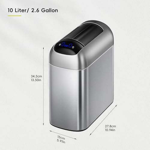 Image of EKO Astro Slim Sensor Trash Can, 10L / 2.6 Gallon Touchless Garbage Bin with Soft-Close Retractable Wing Lid, Motion Sensor Stainless Steel Trash Can for Bathroom, Kitchen and Office, Waterproof
