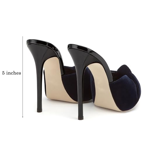 Image of LEHOOR Women Stiletto Heel Mules Platform Bow Round Open Toe Slip On Mule Sandals Velvet Cute 5 Inch Thin High Heels Peep Toe Stilettos Backless Sandal Heels Dress Evening Party 5-12 M US