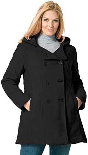 Woman Within Women's Plus Size Double-Breasted Hooded Fleece Peacoat - 18 W, Black