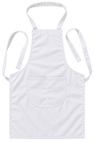 Bonnin Kids Plain Apron with Front Pocket for Drawing, Painting, Baking, Cooking Party Favors. (White)