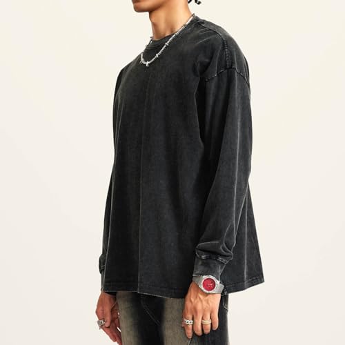 Bobeutou Vintage Oversized Crew Neck Sweatshirt for Men Long Sleeve Tshirt Basic Solid Color Tee Acid Wash Shirt Pullover Top3