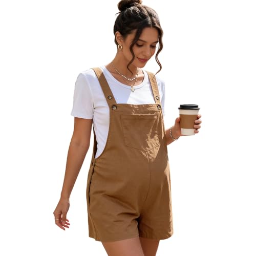 ENEN Salopette Premaman Donna Estiva - Tuta Premaman Corta in Cotone con Spalline Regolabili, Pagliaccetto Gravidanza Taglio Largo con Tasche, Overalls Premaman per Estate (Marrone,m)