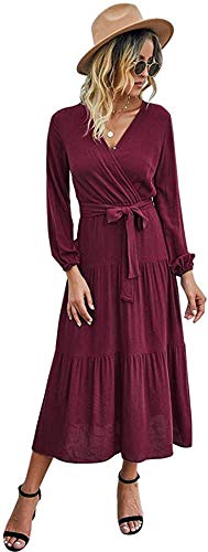Dress Depot Women V Neck Warp Sexy Long Sleeve Vintage Wine Red Maxi Dress with Belt and Snap L