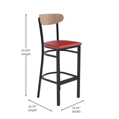 Image of Flash Furniture Wright Commercial Barstool - Natural Birch Finish Wood Boomerang Back - Red Vinyl Seat - 500 LB. Capacity Black Steel Frame - Integrated Footrest