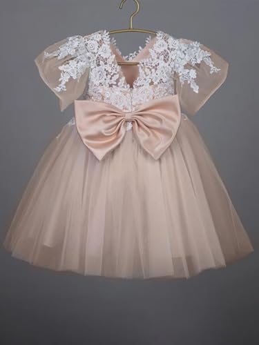 Lace Applique Flower Girl Dress for Wedding Bow Knot Tulle Short Sleeves Knee-Length V-Back Tutu Ball Gowns4