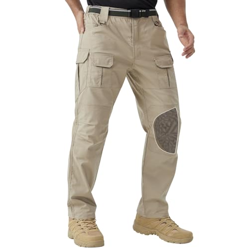 PandaVoy Mens Stretch Tactical Work Pants with Removable Knee Pads Water-Resistant Ripstop Cargo Pants for Outdoor & Hiking Lightweight Slim Fit Khaki 34 32