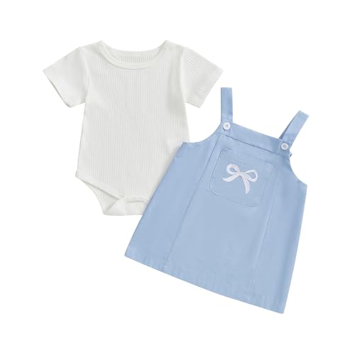 Youweixiong Newborn Infant Baby Girl Summer Clothes Outfits Short Sleeve Ribbed Romper Bow Embroidery Suspender Skirt Overalls Dress Set (Blue, 0-3 Months)