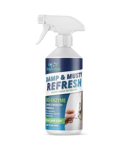EnzyActive Damp & Musty Refresh Odour Neutraliser Spray Bio-Enzyme Fresh Linen Scent Eliminates Musty Smells from Damp Mould & Mildew Caravans Cars Bathrooms & Cupboards 500 ml Spray