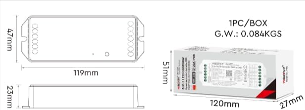 MiBOXER PW5 LED Controller side view dimensions and package dimensions