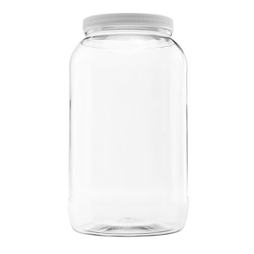 1, 128 oz : Gallon 4 Quart Plastic Wide Mouth Jar with Pressurized Seal White Screw on Cap lid and Container Shatter-Proof Best American BPA Free Crystal Clear PET (1)