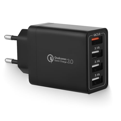 USB Ladegerät Stecker, 4-Ports USB Ladeadapter Netzteil mit 33W Intelligent QC 3.0 Schnellladegerät Mehrfach Ladestecker für Samsung Galaxy S23 S22 S21FE S10 A14 A15, iPhone 15 14 13 12 11 Pro X 8