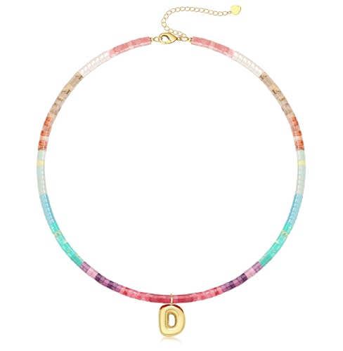 Beaded Initial Necklaces for Women Teen Girl Gifts Trendy Stuff Colorful Gemstone Choker Necklace with Bubble A-Z Stocking Stuffers for Teens Christmas Gifts for Her Birthday Summer Beach Jewelry for Daughter Sister Friend