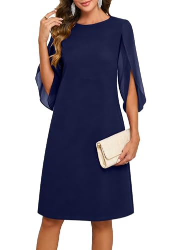 oten Cruise Dresses for Women 2026 Wedding Guest Flutter Chiffon 3/4 Sleeve Round Neck Formal Gown Cocktail Evening Party Dresses Navy Blue X-Large
