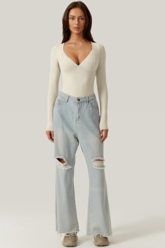 Image of QINSEN Women's Long Sleeve Bodysuit V Neck Body Suits Seamed Cup Going Out Tops Shirt