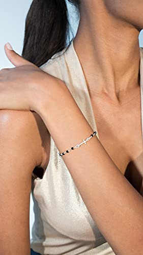 Miabella 925 Sterling Silver Italian Natural Black Spinel Rosary Cross Charm Bead Bracelet For Women Teen Girls, Adjustable Link Chain, Handmade In Italy (Length 7 To 8 Inch) #TOP1