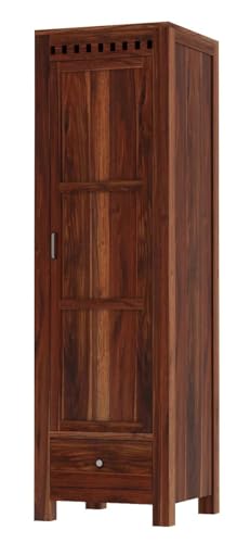 Image of WOODLAB Furniture Solid Sheesham Wood Single Door and Drawer Storage Wardrobe for Home | Wooden Almirah for Bedroom (Honey Finish)