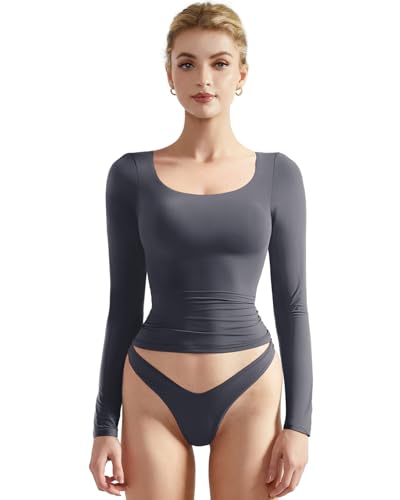 SUUKSESS Women Double Lined Fitted Basic T Shirts Scoop Neck Long Sleeve Crop Top