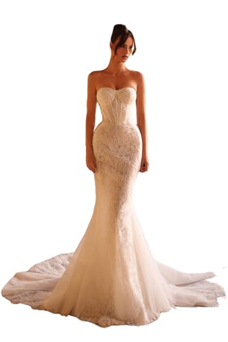 Mermaid Lace Strapless Wedding Dresses for Bride 2025 Vintage V Neck Back Bridal Dress with Train White 0