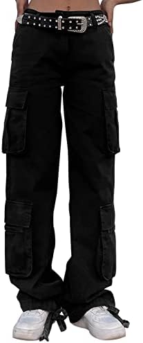 FEOYA Women's Low Waist Baggy Jeans Y2K Streetwear Vintage Denim Cargo Pants Multi Pockets