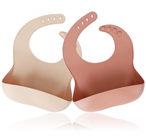 Image of Socub Silicone Baby Bibs, Comfortable Waterproof Silicone Bibs for Baby Girl, BPA Free, with Food Catcher Pocket, Muted, Cream