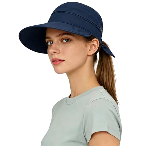 ITODA Femme Casquette Grande Visière Anti-Soleil en Coton Chapeau de Soleil Pliable Contre UPF 50+ Casquette Haut Vide Queue de Cheval Pare-Soleil Capeline...