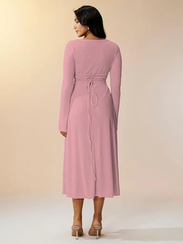 Image of Shasmi Women's Square Neck A-Line Dress - Long Sleeve, Tie Waist, Knitted Stretchable, Casual & Office Outfit, Solid Winter Midi Dress for Women (Dress 221)