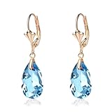 Austrian Crystal Teardrop Leverback Dangle Earrings for Women Fashion 14K Gold Plated Hypoallergenic Jewelry (Aquamarine)