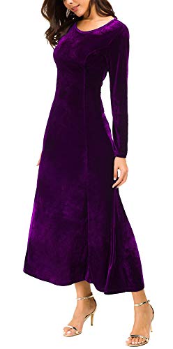 Image of Urban CoCo Women's Elegant Velvet Midi Dress Scoop Neck Long Sleeve Ruched